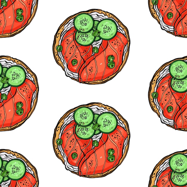 Naadloze achtergrond van heerlijke ontbijt toast met vis en andere ingrediënten. hand getekende illustratie