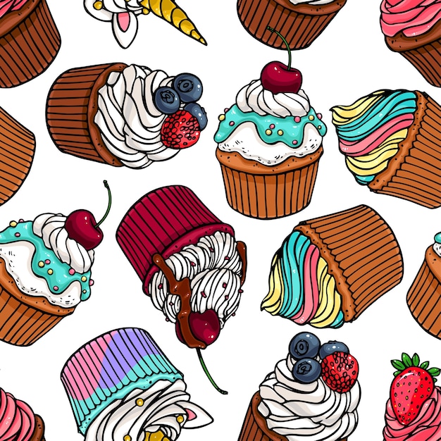 Naadloze achtergrond van lekkere schattige cupcakes. handgetekende illustratie