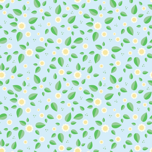 Vector naadloze blauwe achtergrond met wilde bloemen madeliefjes en groene bladeren kamille cartoon tekening vectorillustratie pastelkleuren