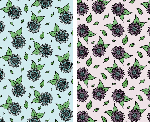 Naadloze bloemen- en bladpatroon vector set