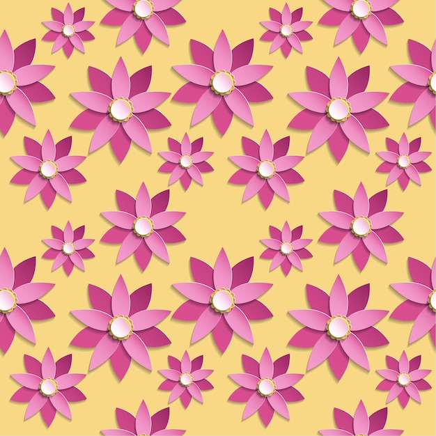 Naadloze bloemmotief in papier gesneden stijl. roze origami bloemen op gele achtergrond. vector.