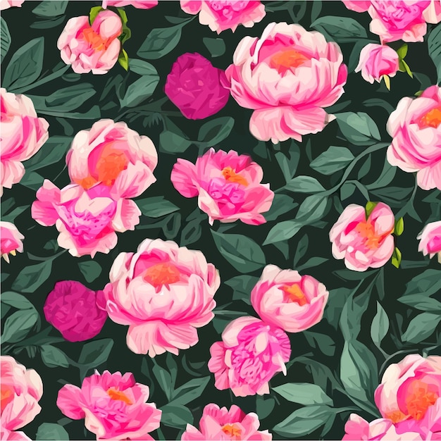 Naadloze bloemmotief met roze pioenrozen bloemen en groene bladeren op gekleurd
