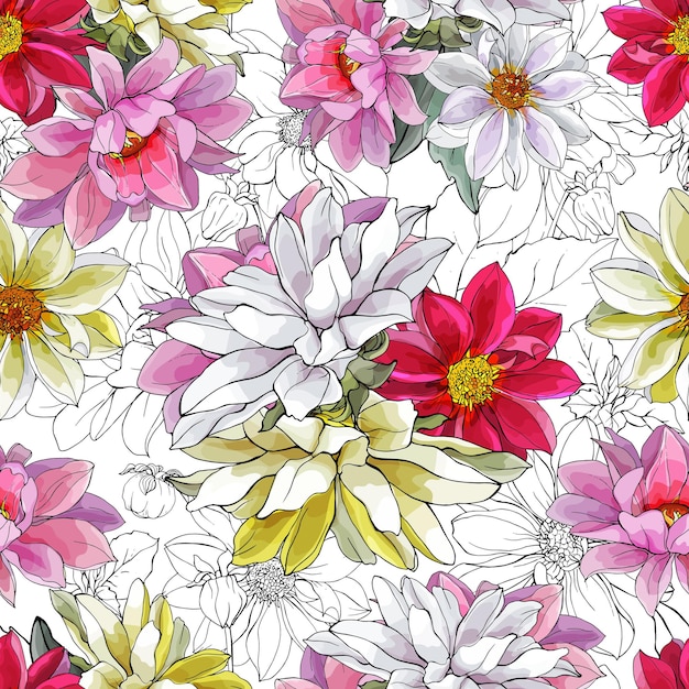 Vector naadloze bloemmotief met veelkleurige bloemen dahlia's.