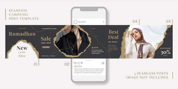 Naadloze carrousel postsjabloon met ramadan-thema voor sociale media.