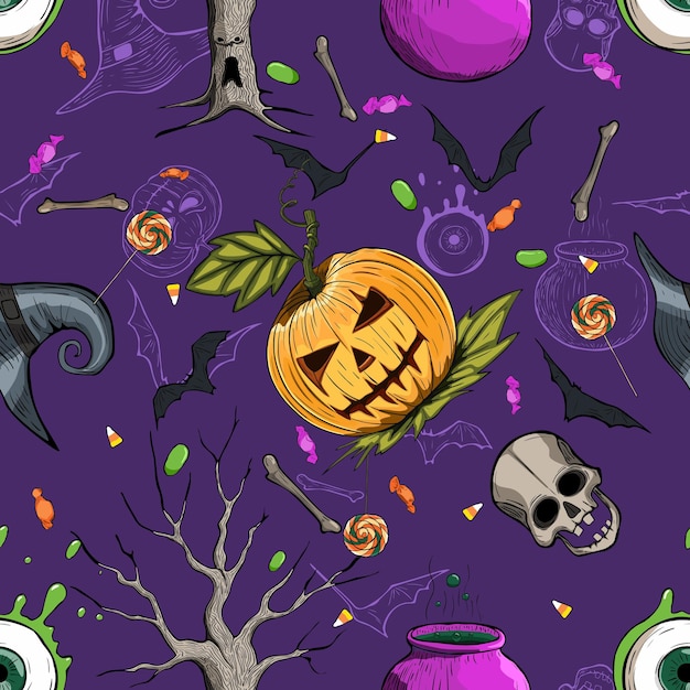 Naadloze cartoon Halloween patroon paarse kleur