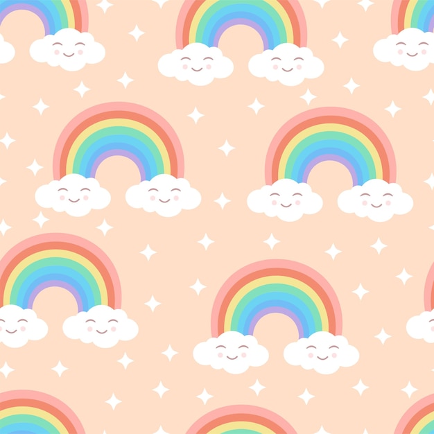 Naadloze cartoontextuur met regenboog schattige wolken en sterren op een beige background