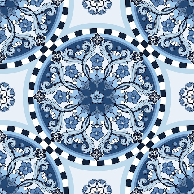 Naadloze decoratieve achtergrond. blauw gekleurde etnische ronde siermandala. trendy patroon.