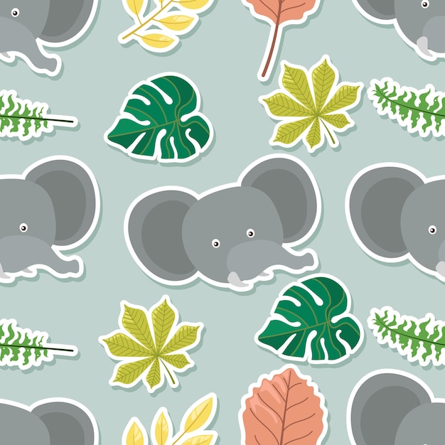 Naadloze doodle olifant en blad sticker cartoon patroon