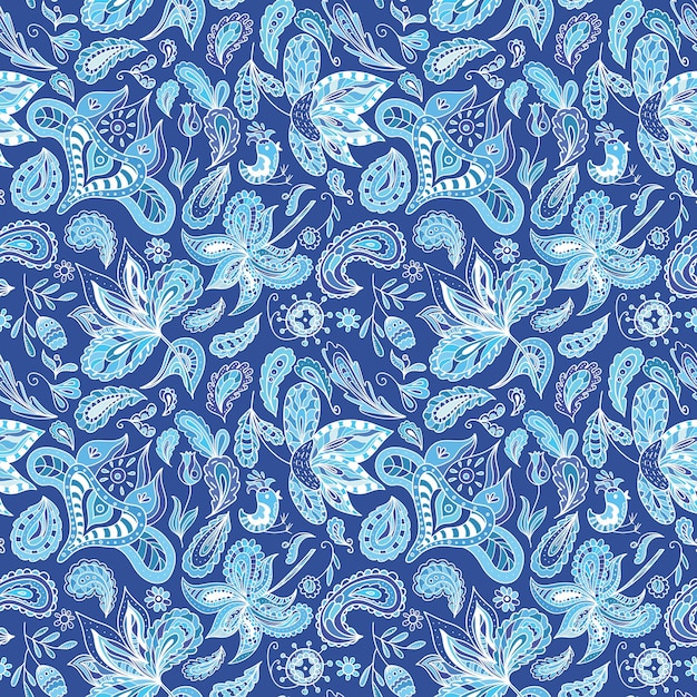 Naadloze etnische achtergrond in indigo schaduwen met oost-ornamenten paisley veren bloemen in schets doodle stijl voor behang en stof textielontwerp