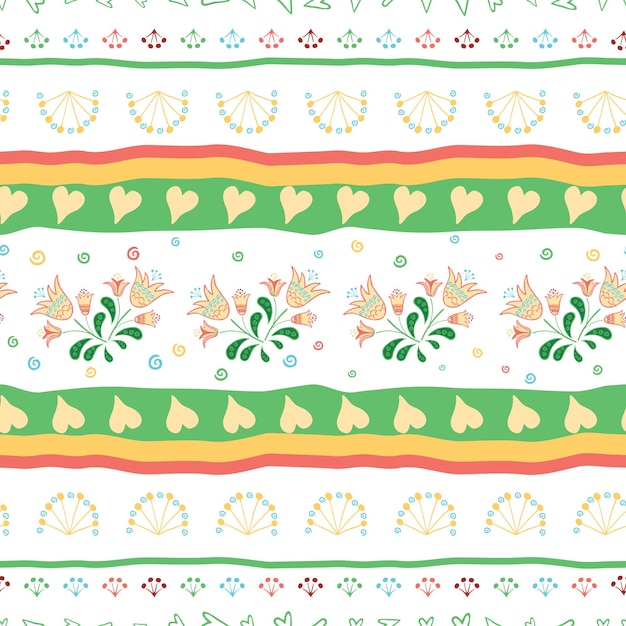Naadloze etnische mix tropische bloemenpatroon met geometrische lijnen voor achtergrond hand getekende streep versierd met handgeschilderde bloemen