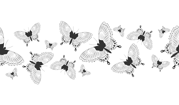 Naadloze grens banner met abstracte zwarte silhouet van schattige vliegende vlinders geïsoleerd op een witte achtergrond voor decoratieve tape