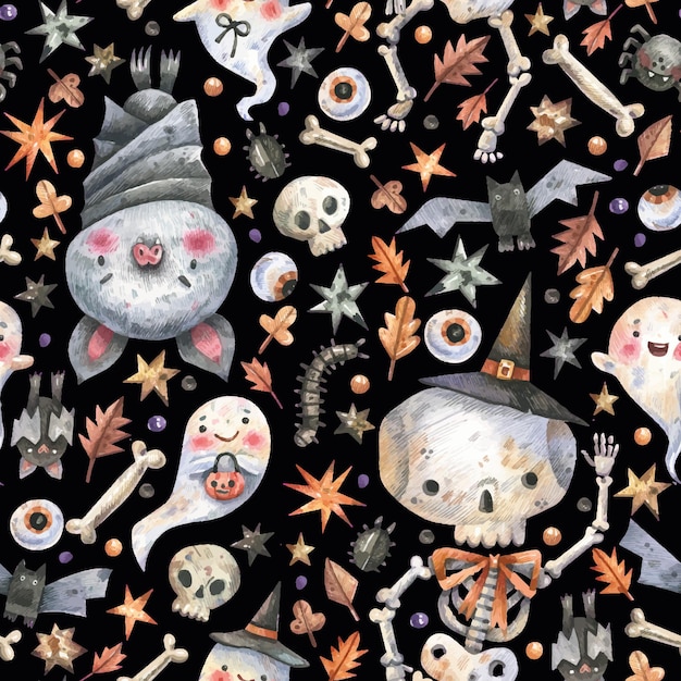 Naadloze Halloween patroon met skeletten, schedels, vleermuizen in cartoon stijl.