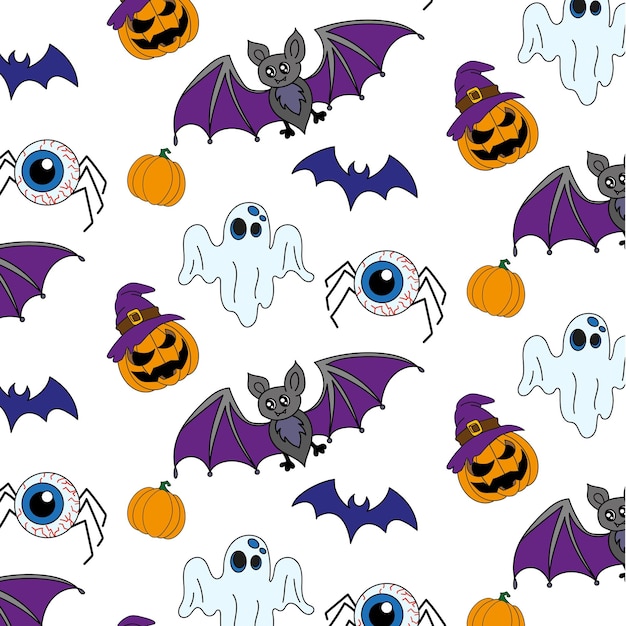 Naadloze halloween patroon Pompoen spook heks hoed oogbol spidervector illustratie Bat halloween