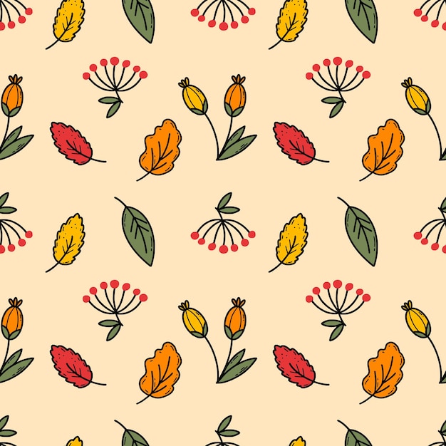Naadloze herfstachtergrond voor het naaien van kleding en het bedrukken van stof Eindeloos behang Vector doodle illustratie Leaf fall