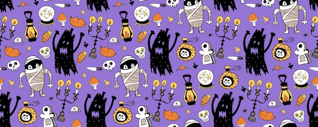 Naadloze het patroonachtergrond van Halloween met vakantiesymbolen