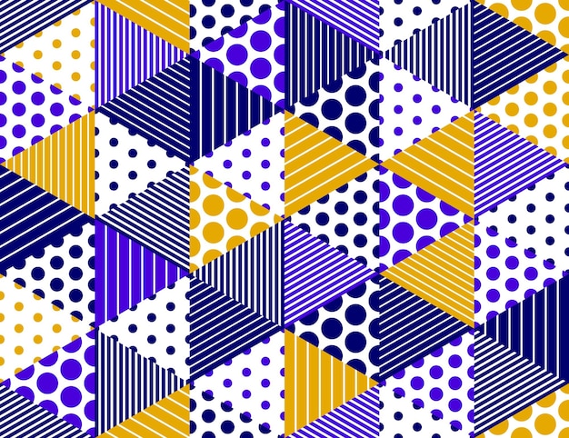 Naadloze isometrische ruit en driehoeken en stippen geometrisch patroon, 3D-kubussen vector tegels achtergrond, architectuur en constructie, behang ontwerp.