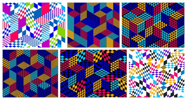 Naadloze isometrische ruit en driehoeken geometrische patronen set, 3D-kubussen vector tegels achtergronden, architectuur en constructie, behang ontwerpen.