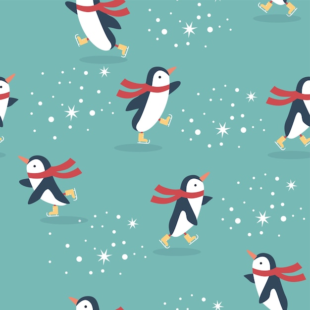 Naadloze Kerst patroon withpenguins schaatsen en sneeuwvlokken op achtergrond wazig.