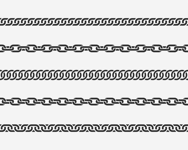 Naadloze kettingschakel instellen. Verschillende ketens silhouet zwart-wit geïsoleerd op de achtergrond. Chainlet lijn ontwerpelementen.