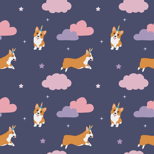 Naadloze kinderachtig patroon met schattige corgi hond met eenhoorn hoorn wolken sterren baby textuur voor stof inwikkeling textiel behang kleding vectorillustratie