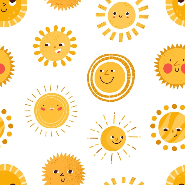 Naadloze kinderachtig patroon met schattige gelukkig lachende zon tekens op witte achtergrond. Ontwerp van herhaalbare zonnige textuur in doodle stijl. Gekleurde platte grafische vectorillustratie om af te drukken.