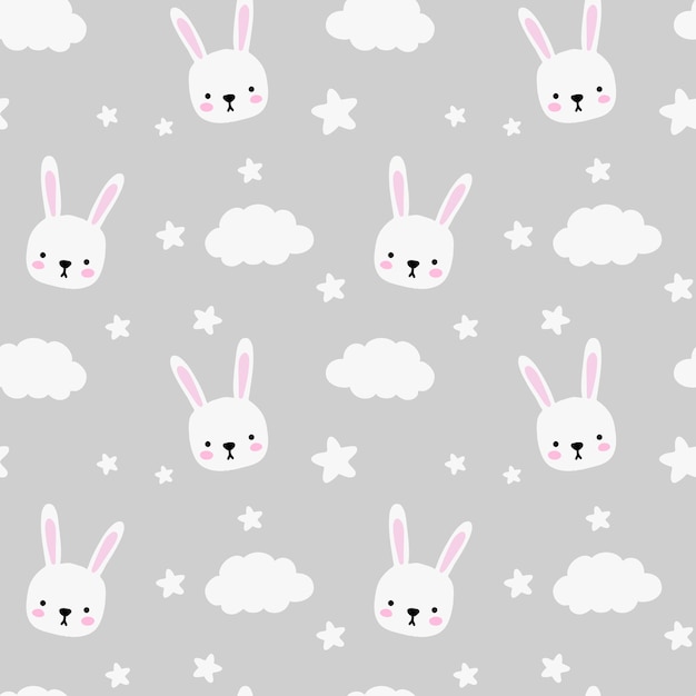 Naadloze kinderachtig patroon met schattige konijnen wolken sterren Baby textuur voor stof verpakking textiel behang kleding vectorillustratie