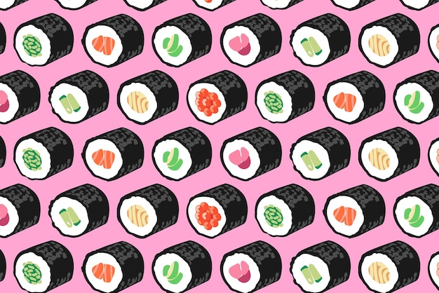 Naadloze maki sushi illustratie patroon roze achtergrond