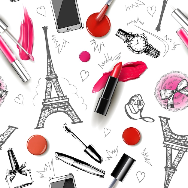 Naadloze mode en cosmetica achtergrond met make-up artiest objecten vector illustratie