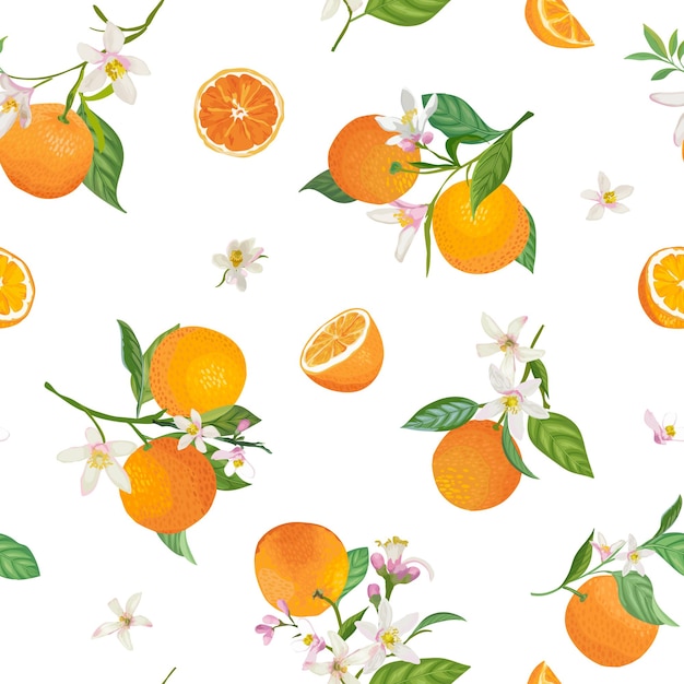 Naadloze oranje patroon met tropische vruchten, bladeren, bloemen achtergrond. Hand getekende vectorillustratie in aquarel stijl voor zomerdekking, citrus tropisch behang, vintage texture