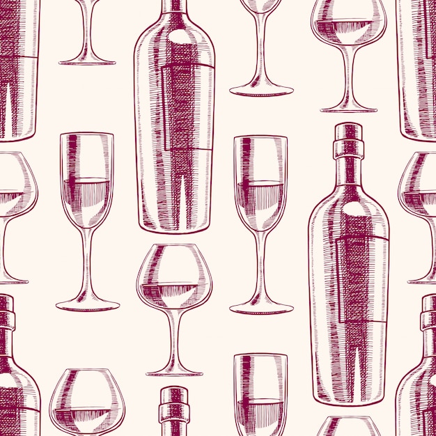 naadloze paarse achtergrond met flessen en glazen wijn. handgetekende illustratie