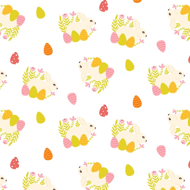 Naadloze Pasen patroon met konijntjes en eieren Vector illustratie Vlakke stijl Paashaas en eieren afdrukken