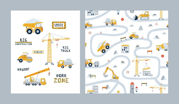 Vector naadloze patronen instellen en bouwvoertuigen afdrukken illustraties met gele dumptruckkraan en bulldozer voor kinderen