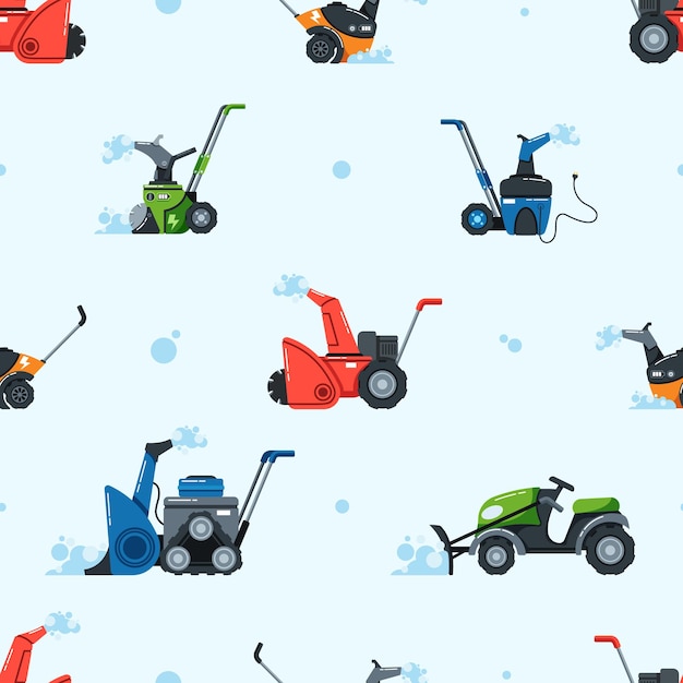 Vector naadloze patronen met sneeuwschuivermachines die winterpaden vrijmaken, een symfonie van besneeuwde schoonheid en efficiënt sneeuwbeheer creëren cartoon vectorillustratie tegel achtergrond wallpaper ontwerp