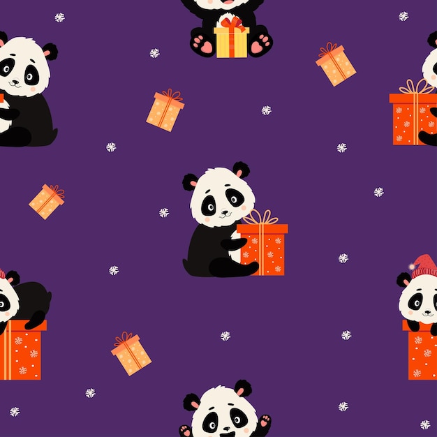 Naadloze patronen Schattige kleine panda met groot cadeau op paarse achtergrond met sneeuwvlokken en geschenken