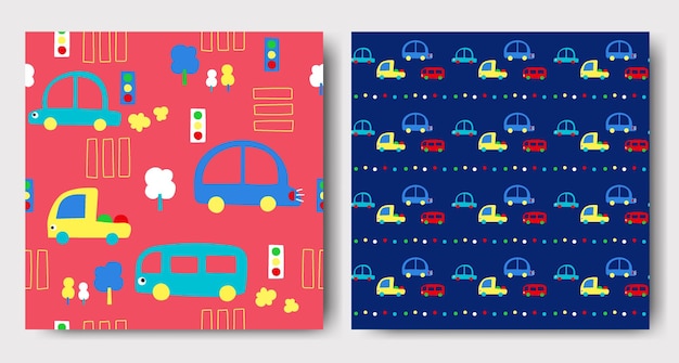 Naadloze patronencollectie voor kinderen leuke grafische elementen xaelements met schattige auto's handgetekend in kinderstijl gebruikt voor stoffen textielprint en decoratief behang