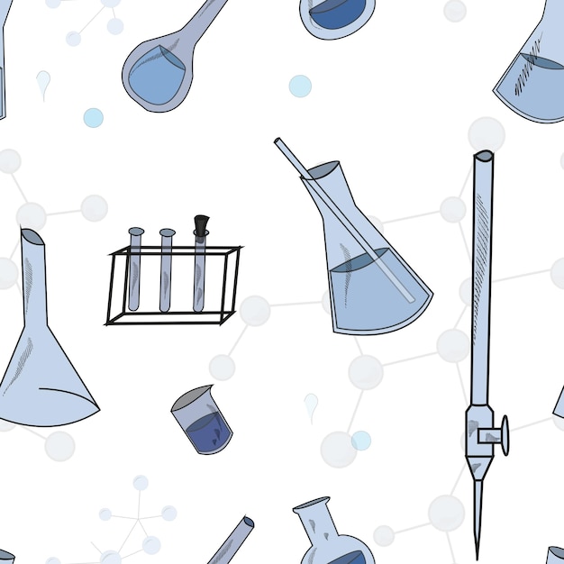 Vector naadloze patronenformules dag van de chemicus wetenschappelijk laboratorium laboratoriumgereedschap kolven testbuizen