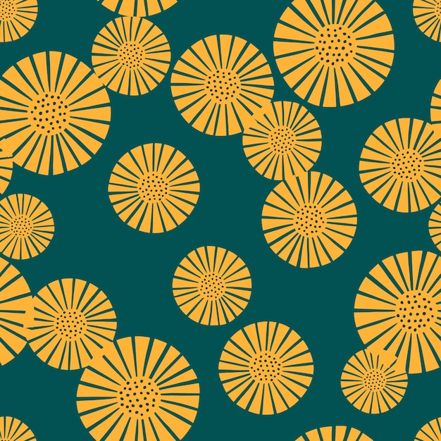 Naadloze patroon abstracte bloemen op blauwgroen achtergrond. Vintage gele textuur van planten voor textielontwerp. Willekeurige sjabloonafdruk voor elk doel. Eenvoudig vectorstofornament.