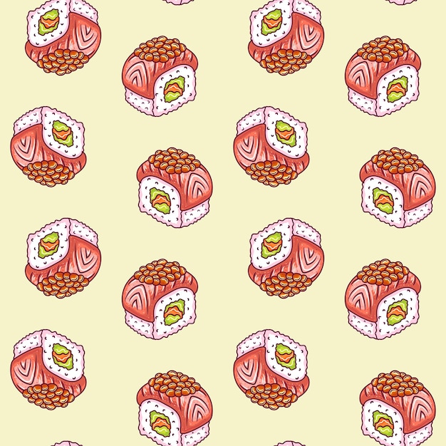 Naadloze patroon achtergrond met heldere schattige sushi hand getrokken doodles Asianfood Contour tekening met overzicht Aziatisch eten vector illustratie achtergrond print behang
