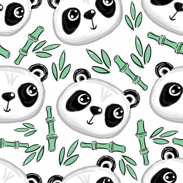 Vector naadloze patroon achtergrond met schattige panda en bamboe bladeren en tak vector illustratie stripfiguur