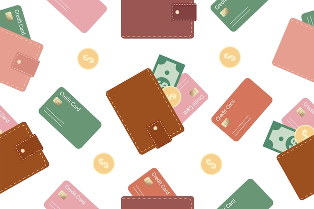 Naadloze patroon achtergrond van veelkleurige portemonnee pictogrammen Lederen portemonnee met creditcards en dollars Vector
