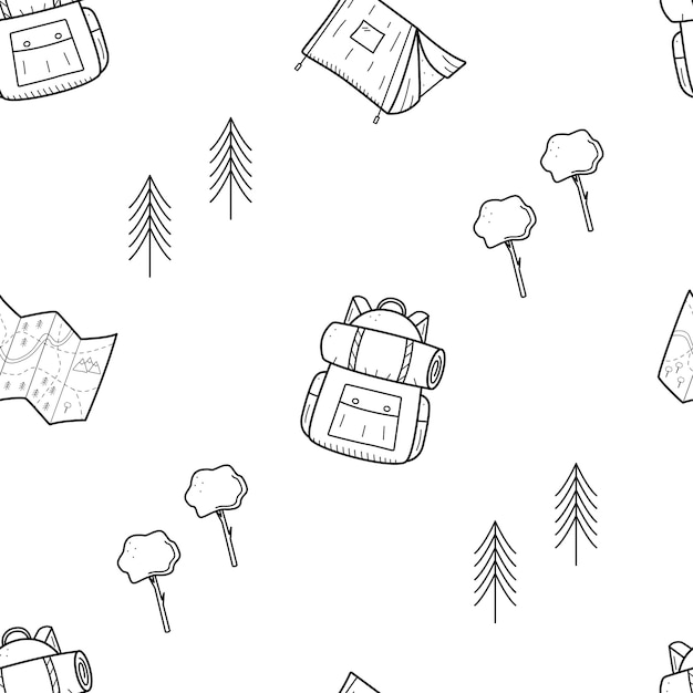 Naadloze patroon camping doodle iconen set vector illustratie van wandelen elementen