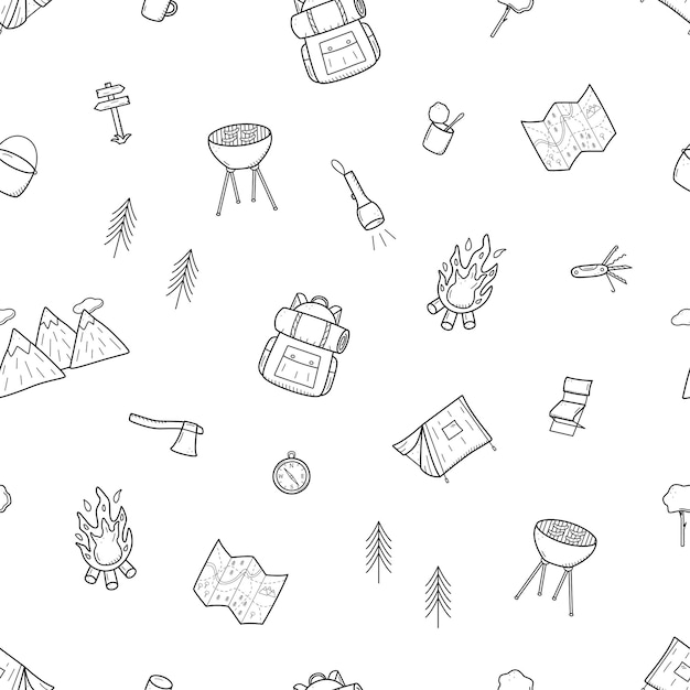 Naadloze patroon Camping doodle iconen set Vector illustratie van wandelen elementen