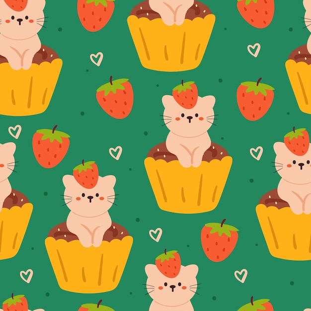 Naadloze patroon cartoon kat cupcake met aardbei