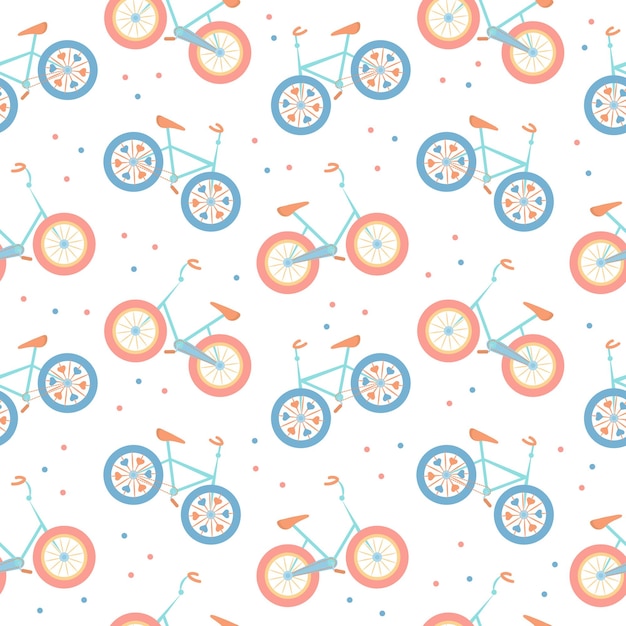 Naadloze patroon, cartoon vintage fietsen in pastelkleuren. Achtergrond, kinderprint, textiel