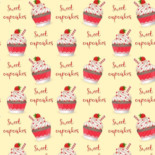 Naadloze patroon cupcakes met aardbeien op een gele achtergrond