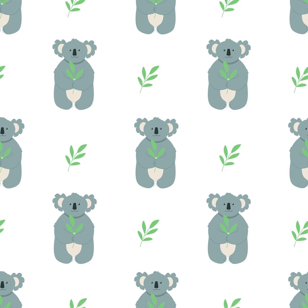 Naadloze patroon cute cartoon karakter koala met een takje groene eucalyptus bladeren vectorillustratie