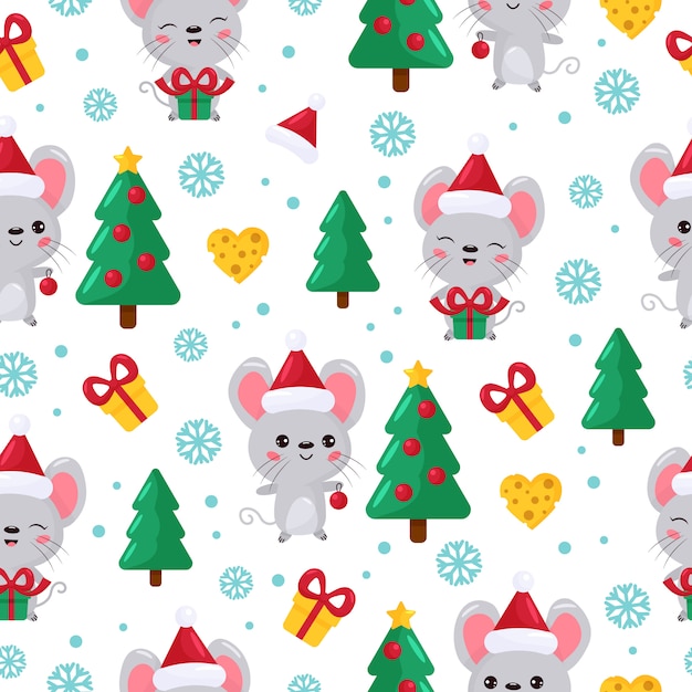 Naadloze patroon Cute cartoon kawaii muis met kerstboom en geschenken.