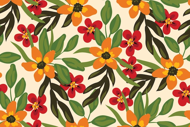 Naadloze patroon eenvoudige hand getekende bloemenprint met exotische planten bloemen bladeren Vintage botanische achtergrondontwerp met tropische bloemen gebladerte in boeketten Vector illustratie
