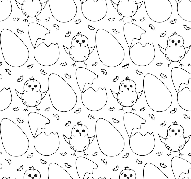 Naadloze patroon eieren eierschaal en chiks karakter Doodle zwart-wit vectorillustratie