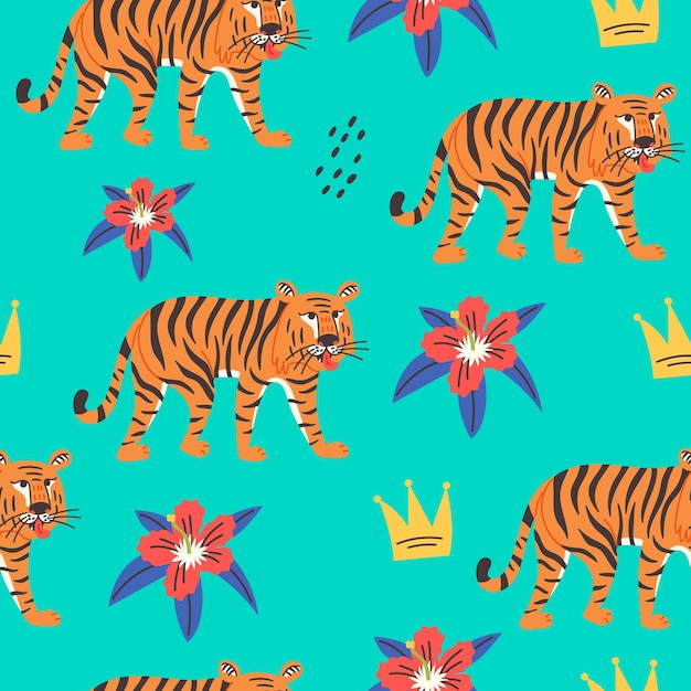 Naadloze patroon gestreepte tijger exotische bloem. wild cat predator oranje en zwart vector moderne vlakke stijl achtergrond